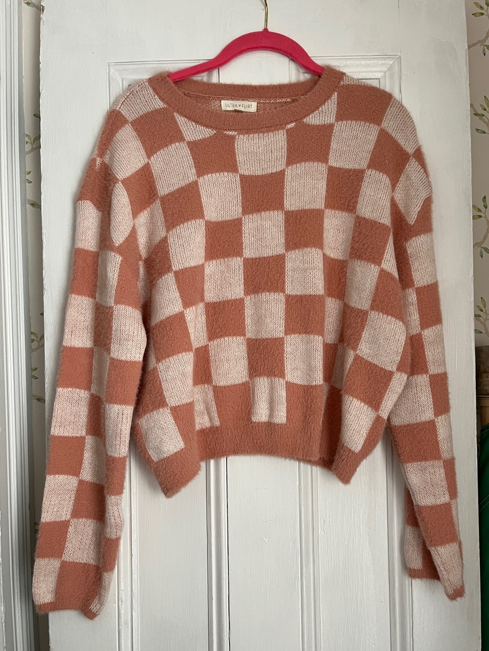 Cropped, cuddly Peach and Tan Cozy Knit Sweater
